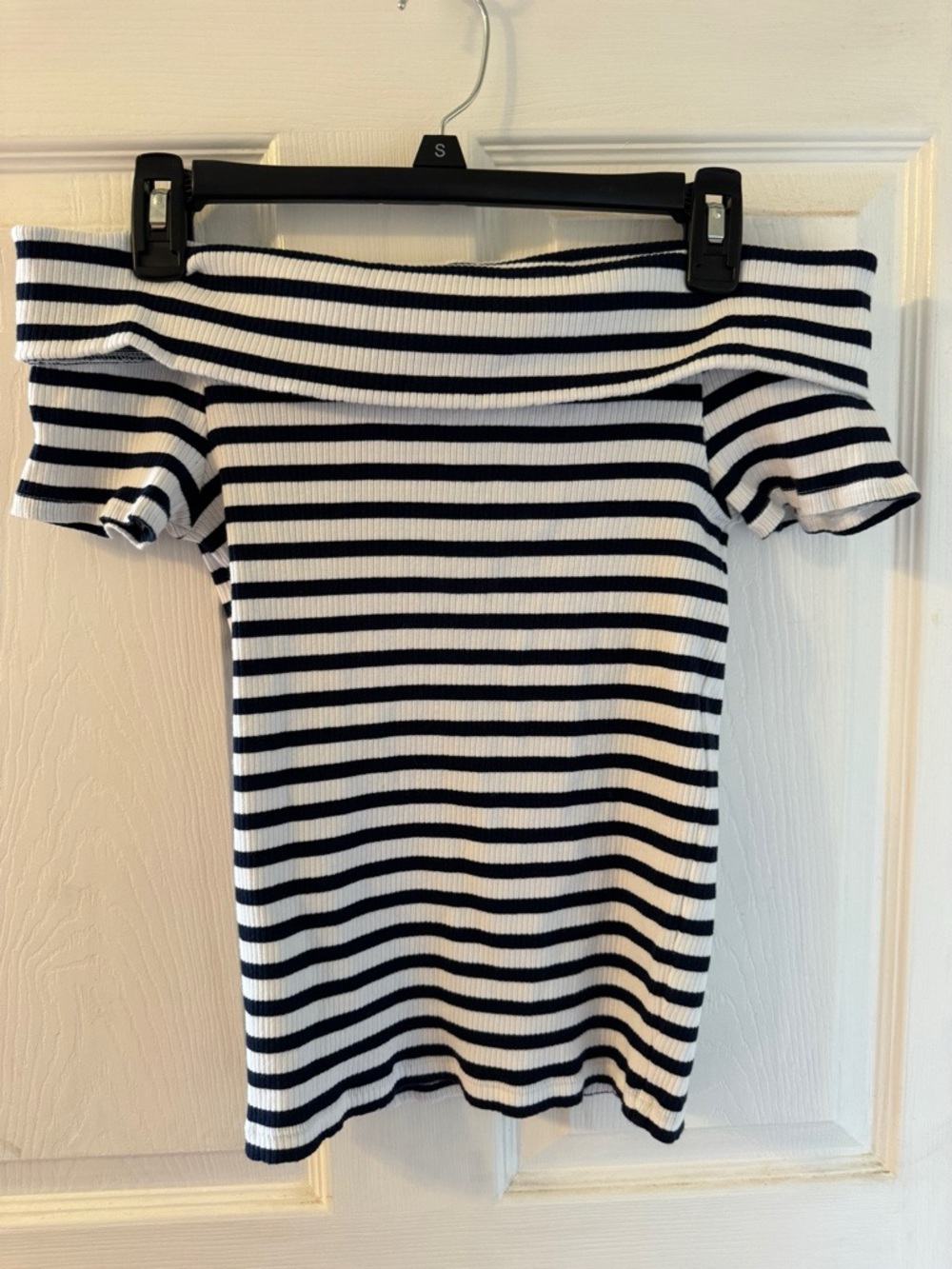 LOFT Navy & White Ribbed Stripe Off-Shoulder Top